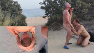 Rijpe papa jongen zuigt en komt klaar op openbaar strand (2 views) - Ouder 