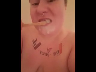 big tits, solo female, brush teeth, brushing teeth
