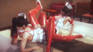 Lésbicas moer-se uns aos outros com uma enfermeira sexy vestida