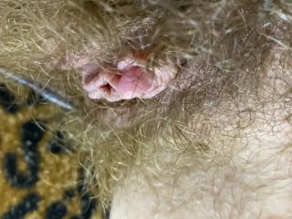 Bunny vibrator test masturbation POV closeup erected big clit wet orgasm hairy pussy