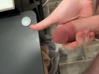 Using my toy and jerking my cock then cumming on shelf 