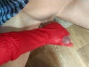 Preview 5 of Cumming hard from my jerking off with rubber gloves POV