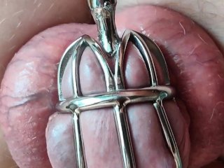 Chastity, urethral fuck close up and slow motion cumshot