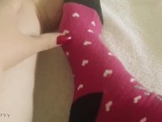 Preview 1 of Legs, feet, and pussy play in a long pink sock!