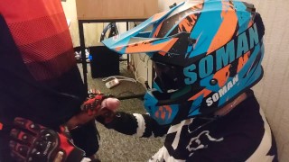 Motocross guy jerks off after sex to his partner