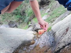 Taking off from the pussy my diva cup and risky washing in the mountain's stream