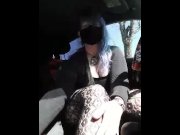 Preview 3 of Woman masturbates in car while in public mall parking lot with hairbrush