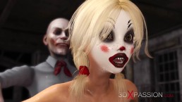 Артур грубо симпатичную сексуальную блондинку в маске клоуна в заброшенной комнате