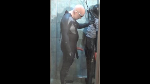 part 2 of wetsuited siliconed masked guy humping, cumming and pissing on dummy