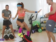 Preview 2 of Fitness Rooms French brunette Megane Lopez douple penetration threesome on exercise bike