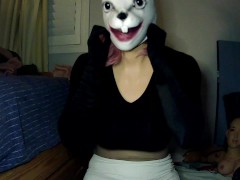 Bunny May Pt1! Female masked girl plays around with her white rabbit mask and her rubber body!