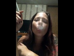 Hot babe smoking and sucking on these perfect big tits making my pussy wet for you  