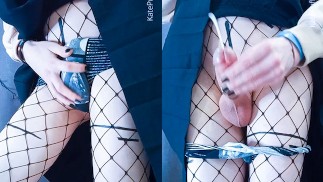 Cute femboy goth soft jerking wearing fishnet stockings