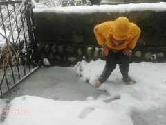 Stranger girl pissing in back yard to snow