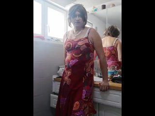 Patty crossdresser red summer dress and dildo fun