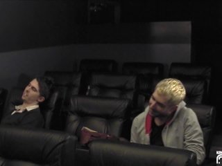 Three horny guys have anal sex at the cinema while another dude watches and masturbates