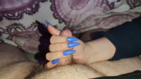 I give him a naughty handjob with my long blue nails *ridiculous cum load*