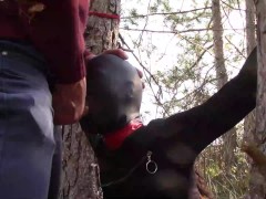 Tied to a tree on a sexy outfit, masked and outdoor deepthroat with no mercy