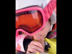 Snowboarding slut sucks my cock in public!