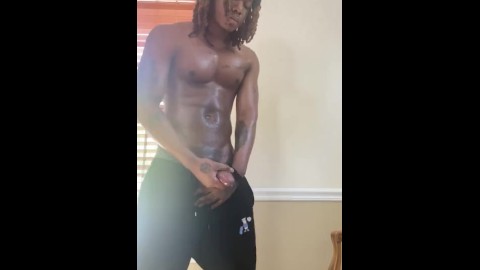 Tall black tattooed teen strokes his huge bbc