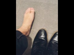 FTM strips off boots & socks in public toilet and stretches feet & toes on dirty restroom floor 