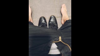 FTM strips off boots & socks in public toilet and stretches feet & toes on dirty restroom floor 