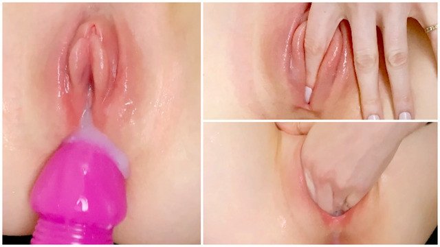 Pumped up meaty pussy tries to take a giant dildo. Close-up