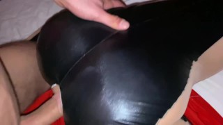 Fucking doggystyle in latex catsuit and cum on latex ass