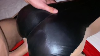 Fucking doggystyle in latex catsuit and cum on latex ass