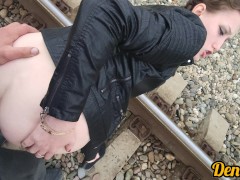 sweet blowjob hot and sex in anal with a beautiful girl while walking on the railway