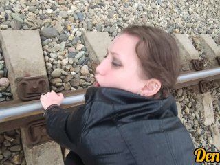 sweet blowjob hot and sex in anal with a_beautiful girl while walking on_the railway