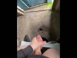 Russian straight jerks off a big dick in the toilet in the village cums a lot of sperm