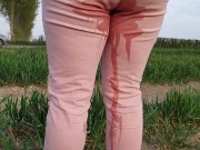 Preview 2 of ⭐ Desperate Blonde Girl Wets Her Pink Jeans Outdoors!