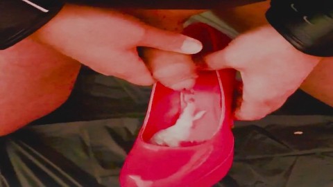 Male slave cums in mistress pink high heels and drinks his own cum