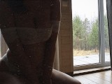 Doggy, blowjob and loud moans at the window next to the neighbor's house. Risky sex