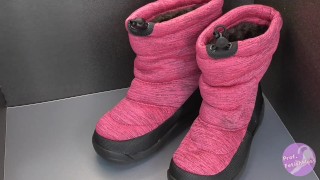 Shoe fetishism. Ejaculate into pink winter shoes.