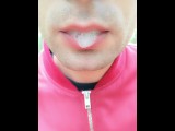 Foamy cum play on lips after being mouth fucked outdoor