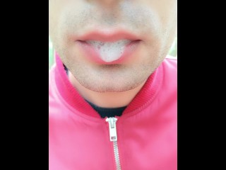 Foamy Cum Play on Lips after being Mouth Fucked Outdoor