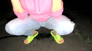 My HOT Female desperation and pissing my jeans at night on public