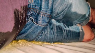Bedwetting In Jeans Shorts Huge Puddle Of Pee