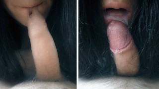 Amateur Brunette try play with my foreskin and gets cum in mouth - Blowjob POV