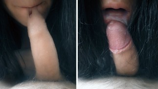 Amateur Brunette try play with my foreskin and gets cum in mouth - Blowjob POV