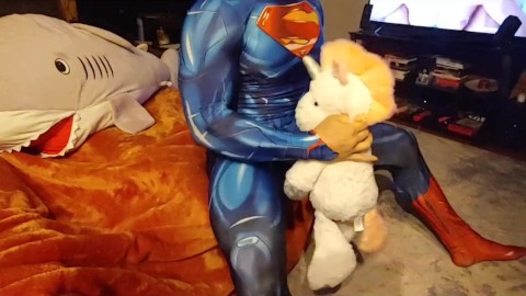 Superman finds a Stuffed Unicorn. Real Male Orgasm