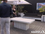 Preview 2 of MARISKAX Busty blonde MILF takes on two dicks outdoors