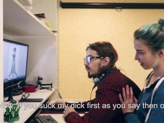 Stepsister seduces a nerd to copy his physics text.