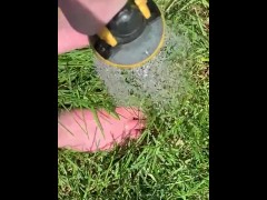 Getting feet really wet in the grass