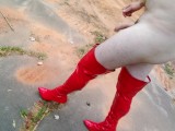 Naked walking around a parking lot in thigh high high heeled boots uncut cock cumshot