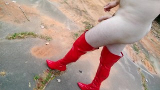 Uncut Cock Cumshot Walking Around A Parking Lot Naked In Thigh High High Heeled Boots