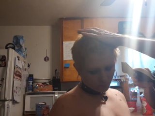 Baldbabey gets a haircut in lingerie 