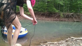 Masturbating at the creek in a raft